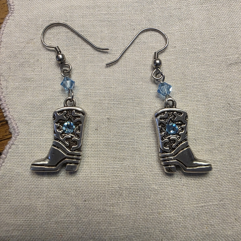 Silvertone Cowboy Boot Earrings with Blue Crystal Accents And Fish Hooks
